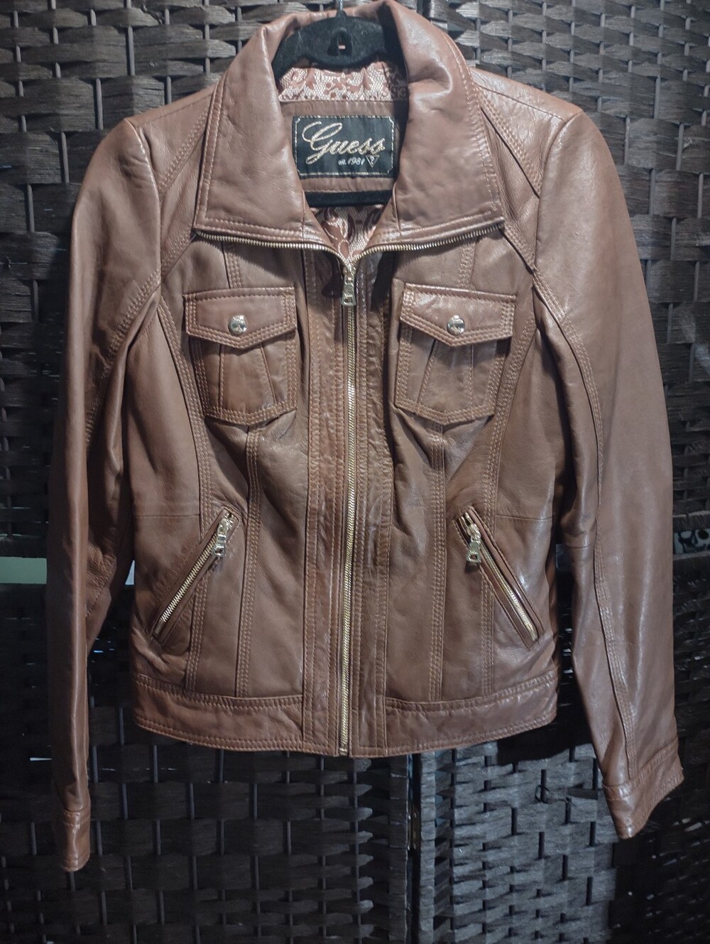 Guess Brown Leather Moto Jacket Women's Small